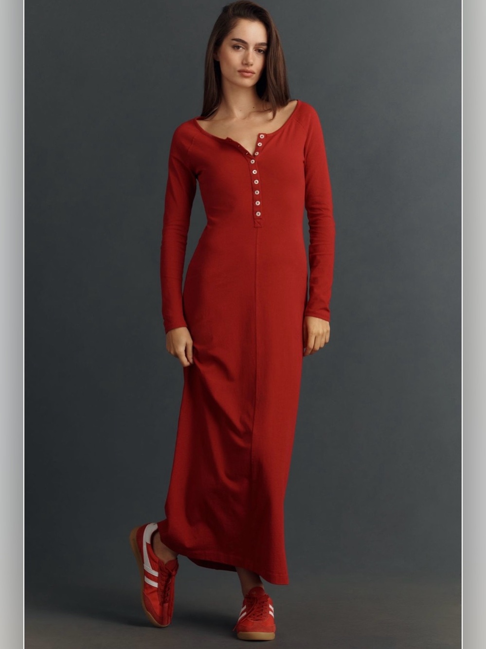 Anthropologie Long-Sleeve Button Henley Maxi Dress in Deep Red